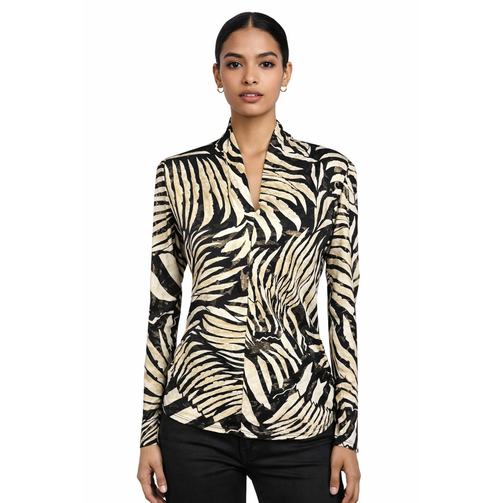 Joseph Ribkoff Long Sleeve Top Size 4 V Neck Ruched Sparkle Zebra Palm Leaf